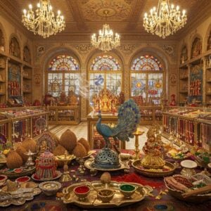 A grand, ornate Indian gift shop interior with golden-lit display cases showcasing gleaming brass pooja items, intricately carved wooden sculptures, and colorful silk fabrics. In the foreground, a detailed arrangement of sacred items: silver kumkum holders, decorated coconuts, brass diyas with intricate peacock designs, and sandalwood garlands. Soft ethereal light streams through stained glass windows, creating rainbow patterns on polished marble floors. Floating mandalas and sacred geometry patterns appear as subtle overlays in the air. The walls feature hand-painted Madhubani-style murals depicting sacred symbols. A central display shows a magnificent silver peacock-shaped incense holder emanating delicate smoke trails that form subtle Om symbols. Crystal chandeliers cast a warm, spiritual glow over beautifully arranged rows of prayer beads, bells, and ceremonial items. The scene combines photorealistic details with magical surreal elements, rendered in rich jewel tones of deep maroon, saffron, and gold, with accents of peacock blue and emerald green. Traditional Pattachitra art patterns frame the scene like an ornate border.