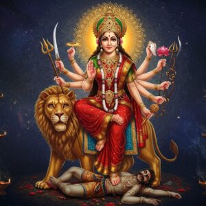 A majestic, luminous Goddess Durga in her divine form, seated on a fierce golden lion against a cosmic mandala background with swirling patterns in deep indigo and gold. She has ten arms, each holding her sacred weapons - clockwise from top right: trishul (trident), kharga (sword), chakra (disc), lotus flower, arrow, bow, kumkum pot, conch shell, damru (drum), and sudarshan chakra. She wears a richly detailed red silk saree with gold border, adorned with intricate jewelry including a crown embedded with nine gems. Her serene face radiates divine beauty with almond-shaped eyes, a gentle smile, and a red bindi. Behind her, ethereal lotus flowers float in a spiral pattern, emanating soft golden light. The background features subtle Madhubani-style patterns in peacock blue and saffron. At her feet, demon Mahishasura lies defeated, half-buffalo half-human form. The atmosphere is enhanced by floating diyas, mystical smoke tendrils, and delicate flower petals in shades of red and gold. The art style combines hyperrealistic digital rendering with traditional Indian art elements, creating a modern yet spiritually authentic representation.