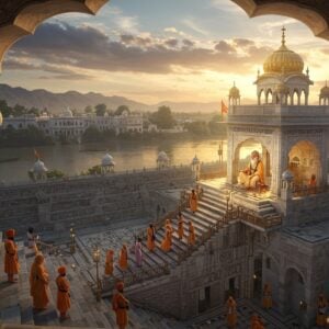 A majestic aerial view of Goindwal Sahib at golden hour, with the historic Baoli Sahib (sacred well) in the foreground featuring its 84 steps illuminated by warm divine light. The architectural style combines Mughal and Sikh elements with intricate geometric patterns. Guru Amar Das Ji, depicted as an elderly sage with a long white beard and traditional white clothing, sits beneath a carved marble archway, blessing devotees. The scene includes devotees in traditional 16th-century Punjabi attire climbing the steps. The landscape shows the serene Beas River flowing nearby, with period-accurate buildings and structures. The sky features soft, ethereal clouds with rays of divine light breaking through. The color palette includes deep saffron, royal blue, and gold accents. The art style merges hyperrealistic architectural details with mystical elements, creating a cinematic atmosphere. Detailed textures on the stone steps, weathered walls, and flowing fabrics. The lighting creates a dramatic interplay of light and shadow, emphasizing the spiritual significance of the location. 4K, octane render, volumetric lighting, architectural photography style.