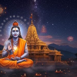 A serene nighttime scene of the majestic Gorakhnath Temple illuminated by warm golden lights, set against a deep indigo sky filled with glowing stars and cosmic mandalas. The temple architecture features intricate Nath sampradaya symbols and geometric patterns rendered in the Madhubani style. In the foreground, a mystical figure of Gorakshanath in padmasana, with ash-smeared skin, wearing saffron robes and rudraksha malas, emanating a subtle blue aura. His eyes are deep in meditation, surrounded by ethereal rings of light. The sacred Tekdi (hill) appears in the background with floating lotus flowers and spiritual symbols. Multiple layers of reality blend together showing glimpses of yogic practices - kundalini serpents, chakras, and sacred geometries in muted gold and copper tones. The scene is enhanced with swirling fog and floating diyas, creating a dreamlike atmosphere. The art style combines traditional Indian motifs with modern digital techniques, using a color palette of deep blues, saffron, maroon, and metallic gold. Hyper-detailed, cinematic lighting, volumetric god rays streaming down, 8k resolution.