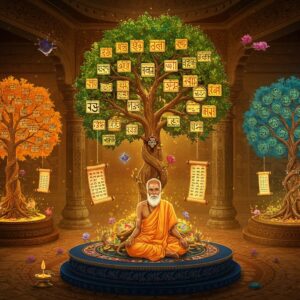 A majestic ancient Indian library setting with intricate Madhubani-style carved pillars, where three distinct family trees intertwine in golden light. Each tree has unique cultural symbols - one with Sanskrit scriptures and Om symbols representing Hindu gotras, another with Islamic geometric patterns, and a third with Celtic knots. The trees emerge from an ornate mandala base in deep peacock blue and maroon. A elderly Indian sage in traditional white dhoti sits cross-legged in the center, surrounded by floating, illuminated scrolls showing different family lineages. The scene is bathed in ethereal golden light with soft glowing orbs. Decorative elements include floating lotus flowers, mystical Sanskrit symbols, and delicate line work inspired by Pattachitra art. The background features a subtle gradient from deep saffron to midnight blue, with intricate heritage patterns. Floating crystals and geometric sacred symbols hover around the trees. The art style merges photorealistic details with spiritual surrealism, creating a harmonious blend of tradition and modern digital art.