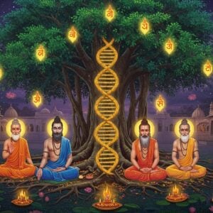 A majestic ancient banyan tree with golden-glowing roots forming an intricate DNA helix pattern, merging traditional Madhubani art style with modern digital aesthetics. Seven distinguished Indian sages (rishis) in meditation poses, wearing saffron robes, arranged in a semi-circle beneath the tree, each emanating a different colored aura (saffron, deep blue, emerald green, royal purple, crimson, gold, and white). Their long flowing beards and peaceful expressions captured in intricate detail. Sacred threads across their torsos gleam with divine light. Ancient Sanskrit symbols float ethereally around them in golden light. The background features a grand temple architecture with seven distinct spires, each representing a major gotra. Floating lotus flowers and peacock feathers frame the scene. The lighting is mystical with soft golden rays filtering through the banyan leaves, creating a divine atmosphere. The color palette combines deep traditional colors with modern gradient effects. Small families in traditional Indian attire stand respectfully at a distance, symbolizing the continuing lineage. The entire scene is rendered in a style merging traditional Indian miniature painting techniques with contemporary digital art.