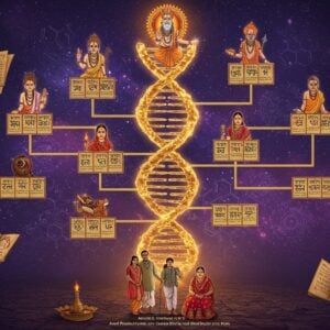 A grand ancient Indian family tree visualization, rendered in a fusion of Madhubani and digital art style, showing multiple generations branching upward through golden, luminous DNA strands. The central DNA helix transforms into a sacred thread (janeu) that winds through the composition. At the base, a modern Indian family in contemporary clothes stands, connected by glowing genetic patterns to their ancestors depicted in traditional Vedic attire above them. Seven distinct family branches represent the Saptarishi lineages, each highlighted in different jewel tones (sapphire, emerald, ruby, amethyst, topaz, pearl, and garnet). Floating sacred texts and manuscripts in Sanskrit surround the scene, with intricate mandala patterns forming genetic molecular structures. The background features a subtle gradient from deep indigo to cosmic purple, with floating golden sacred threads and genetic codes forming delicate patterns. The lighting creates a ethereal glow, emphasizing the connection between ancient wisdom and modern science. The scene is detailed in high resolution digital art style with photorealistic elements merging seamlessly with traditional Indian art motifs.