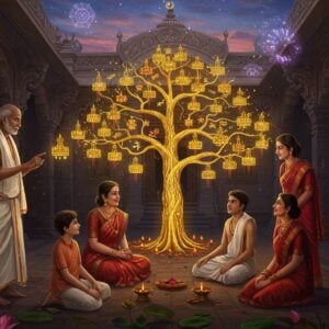 A serene Indian family gathering scene in a traditional courtyard, featuring three generations examining an intricately detailed golden family tree that glows and floats in mid-air. The tree's branches are adorned with sacred threads and Sanskrit symbols representing different Gotras, with each branch emanating a distinct aura in deep saffron, royal blue, and celestial gold. An elderly grandfather in traditional white dhoti and angavastram points to the branches while explaining to his grandchildren. The background features a grand traditional Indian temple architecture with Madhubani-style patterns on pillars. Floating mandalas and sacred geometric patterns surround the family, with subtle representations of the Saptarishi (Seven Sages) as constellation patterns in a twilight sky above. The scene is illuminated by warm, divine light streaming through temple windows, creating an ethereal atmosphere. The art style combines hyperrealistic digital rendering with traditional Pattachitra elements, featuring rich jewel tones and intricate details. Small floating lotus flowers and sacred flames add a magical element to the composition.