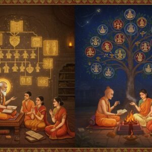 A serene ancient Indian library setting with intricate Madhubani-style borders, showing two distinct scenes merged artistically: On the left, an elderly Sanskrit scholar in traditional dhoti and angavastram seated on a wooden platform, teaching a group of young disciples, with floating, glowing Sanskrit texts and family tree diagrams in golden light around them. On the right, a modern young Indian couple in contemporary clothes consulting with a learned priest in traditional attire near a sacred fire. The background features a massive cosmic tree with seven main branches (representing the Saptarishi), each branch containing intricate mandalas and sacred symbols in peacock blue and deep maroon. Floating sacred threads and golden light particles illuminate the scene. The art style combines traditional Pattachitra patterns with modern digital art techniques, featuring rich gold accents and warm lighting. Small details include ancient palm leaf manuscripts, sacred fire, and symbolic representation of the seven great sages through subtle golden silhouettes in the background. The overall composition suggests the bridge between ancient wisdom and modern understanding.