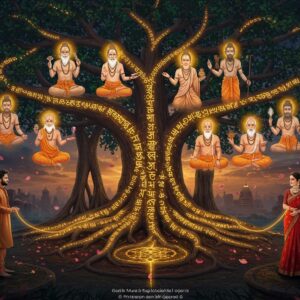 A majestic ancient Indian banyan tree with intricate golden Sanskrit inscriptions flowing through its branches like luminous veins, its roots forming seven distinct pathways representing the Saptarishi gotras. In the foreground, a sophisticated young Indian couple in modern attire (him in a contemporary kurta, her in a designer saree) stand on opposite sides of the tree, connected by a ethereal thread of light. Behind them, translucent spiritual figures of the seven great sages (Saptarishis) appear in meditation poses, each sage distinct with their traditional attributes - Kashyapa with his deer, Bharadvaja with his bow, Gautama with his water pot, Atri with his crystal, Vasishtha with his white cow, Vishvamitra with his staff, and Jamadagni with sacred fire. The scene is illuminated by soft, golden divine light, with floating lotus petals and sacred threads interweaving throughout. The background features ancient temple architecture merging into modern cityscape, symbolizing evolution. Art style combines traditional Madhubani patterns in the tree's details with modern digital art techniques, using a color palette of deep maroons, celestial blues, and warm golds. Ethereal particle effects and sacred geometry patterns float in the air, creating a mystical atmosphere.