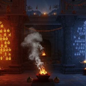 A grand ancient Indian temple courtyard at twilight, with intricate Madhubani-style carved pillars showing family trees and lineage patterns. Two distinct groups of people are shown through ethereal, translucent silhouettes - one group arranged in a vertical family tree pattern representing Gotra, glowing with soft golden light, while another group forms a horizontal social hierarchy pattern representing caste, illuminated in deep indigo. The scene is adorned with floating Sanskrit symbols and sacred threads (janeu) that weave through the composition. Ancient palm leaves with genealogical records float in the background. The artwork combines traditional Pattachitra patterns in rich maroon and peacock blue with modern digital art techniques. Mystical smoke in saffron and white creates layers of depth. Sacred fire from a ceremonial havan kund casts dramatic shadows, while lotus motifs and geometric mandalas float in the background. The lighting is ethereal with god rays filtering through temple windows, creating a atmospheric depth and spiritual ambiance.