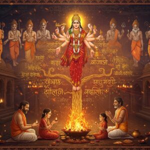 A mystical Indian family tree emerging from sacred fire, its branches made of intricate golden Sanskrit characters and mandala patterns. At the base, a traditional Indian family of three generations in detailed traditional attire performs a puja. Above them, a brilliantly glowing ethereal form of a Kuldevi floating in mid-air, depicted as a divine mother figure with 4 arms, wearing a red and gold saree, adorned with traditional temple jewelry, radiating golden light. The Kuldevi holds a lotus, a bell, shows abhaya mudra, and holds a kalash. The background features seven ancient rishis (saptarshis) rendered in a semi-transparent, ethereal style, representing the original gotras. Sacred threads in saffron color interweave through the scene, connecting the family to both the Kuldevi and the rishis. The scene is set in a temple courtyard with traditional Indian architecture, illuminated by oil lamps and floating diyas. Intricate Madhubani-style patterns fill the borders, featuring peacocks, lotus motifs, and geometric designs in deep maroon, gold, and peacock blue. The lighting is warm and mystical, with soft golden rays and floating light particles creating a divine atmosphere. The art style combines hyperrealistic elements with traditional Indian art patterns, creating a modern yet culturally authentic visual.