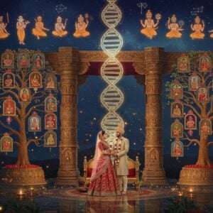 A grand, ornate Indian wedding mandap with intricately carved pillars adorned with sacred threads and golden Sanskrit symbols, illuminated by warm golden light. Two distinct family trees emerge from opposite sides, their branches intertwining in the center, forming a luminous DNA helix pattern. Each branch carries traditional Madhubani-style miniature portraits of ancestors in rich maroon and saffron hues. Floating sacred threads in peacock blue connect various portraits, representing gotra lineages. In the foreground, a modern Indian couple in contemporary wedding attire (bride in pastel pink lehenga, groom in ivory sherwani) stands beneath the mandap, with their reflections showing traditional ancient wedding attire. Ethereal mandalas and geometric patterns in soft gold float in the background, while seven sages (rishis) are subtly depicted as constellation patterns in a deep blue partial sky above. The scene combines hyperrealistic details with surreal elements, featuring a harmonious blend of traditional Pattachitra art style with modern digital aesthetics. Soft glowing auras and floating lotus petals add a mystical atmosphere.