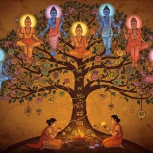 A mystical genealogical tree emerging from an ancient golden Sanskrit manuscript, its branches formed by intricate Madhubani-style patterns in deep indigo and saffron. Seven ancient Indian sages (rishis) in meditation poses float around the tree, each emanating a distinct aura of different colors. The sages wear traditional white dhotis with sacred threads, have long flowing beards, and hold meditation beads. The background features a large, ethereal mandala pattern with interweaving geometric designs representing different gotras. Sacred threads (janeu) gracefully wind through the branches, connecting different points of the tree. Floating lotus flowers and vedic symbols in soft pastel hues surround the scene. The lighting is warm and spiritual, with golden rays filtering through the tree's branches. At the tree's base, a modern Indian family in contemporary clothing performs a traditional ritual, creating a bridge between ancient lineage and modern times. The art style combines traditional Pattachitra techniques with modern digital art, featuring rich textures and a sophisticated color palette of deep maroons, peacock blues, and burnished gold.