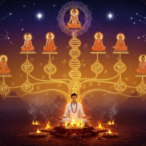 A mystical scene showing an ancient Indian family tree emerging from a glowing sacred fire (havan kund), with seven distinct branches representing the Saptarishi gotras. Each branch transforms into ethereal, luminescent DNA-like spirals intertwining with traditional Vedic symbols. The central focal point features a young Indian person in modern clothing (white kurta) meditating, connected to their ancestors through golden threads of light. Above them, a cosmic mandala contains miniature scenes of the seven great sages (Maharishis) in deep meditation. The background shows a gradient from deep indigo to saffron, with floating Sanskrit symbols and constellations. Traditional Madhubani-style patterns frame the scene, featuring peacocks, lotus flowers, and sacred geometric patterns in gold and deep maroon. Soft orbs of light illuminate the scene, while subtle smoke trails create a dreamlike atmosphere. The art style combines hyperrealistic elements with spiritual symbolism, rendered in a modern digital aesthetic with rich textures and atmospheric lighting.