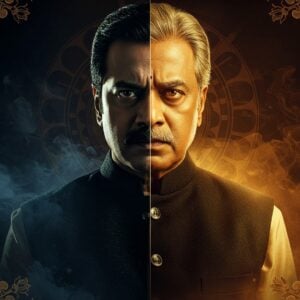 A dramatic portrait composition of a distinguished Indian male actor with intense eyes and strong features, wearing a sleek black Nehru jacket. His face is split into two halves - one side showing him in a menacing villainous avatar with dark lighting and sharp shadows, while the other side portrays a warm, wise character actor bathed in gentle golden light. The background features a stylized film reel in deep bronze and gold tones, spiral into infinity. Ethereal wisps of theatrical smoke in deep maroon and midnight blue swirl around him. Traditional Madhubani-style motifs of peacocks and lotus flowers frame the corners in metallic gold. The lighting is dramatic with a cinematic quality - combining both chiaroscuro shadows and warm spotlight effects. The art style seamlessly blends hyperrealistic digital portraiture with elements of traditional Indian art, creating a contemporary yet culturally rich aesthetic. The actor's expression captures both intensity and wisdom, symbolic of his journey from antagonist to respected character actor.
