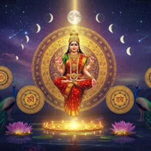 A mystical scene featuring Goddess Gowri (Parvati) in a serene meditation pose, wearing a traditional red and gold silk saree with intricate zari work, adorned with gold jewelry and a crescent moon on her crown. She floats above a giant, ornate golden calendar-like circular mandala with Sanskrit numerals and celestial symbols. The mandala has concentric rings showing lunar phases, zodiac symbols, and Hindu astrological elements. Around her, five smaller floating circular discs display different muhurthas in traditional Madhubani art style. The background features a cosmic sky with subtle constellation patterns, shooting stars, and planetary alignments in soft purples and deep blues. Ethereal light beams in warm gold emanate from the central mandala. Two peacocks with elaborate feathers frame the scene, their tails forming natural arches. In the foreground, a stylized lotus pond reflects the celestial elements above. The art style combines hyperrealistic digital rendering with traditional Indian art patterns, emphasizing a modern yet spiritual aesthetic with a rich color palette of deep maroons, royal blues, and lustrous golds.