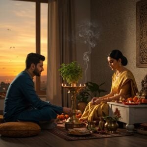 A serene Indian home interior with a modern minimalist touch, featuring a young Hindu couple performing a traditional evening ritual. The husband wearing a contemporary kurta (deep blue) and the wife in an elegant silk saree (soft gold) sit together near a brass lamp-lit altar. The altar showcases a small marble Tulsi plant, traditional brass vessels, and a beautifully carved wooden mandala panel on the wall. Soft, warm golden light emanates from the lamp, creating a ethereal glow. The room combines traditional elements (brass artifacts, silk cushions, ritual items) with modern aesthetics (clean lines, geometric patterns, subtle lighting). In the background, through a large window, a sunset casts warm hues across the scene. Intricate Madhubani-style patterns adorn the walls in muted gold. The couple's expressions reflect peace and devotion. Smoke from incense creates delicate swirls in the air, catching the golden light. Art style merges photorealistic rendering with subtle traditional Indian art elements, emphasized by strategic lighting and soft focus effects.