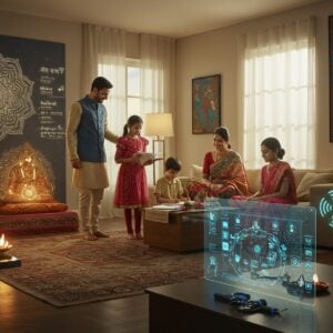 A modern Indian family of four in a contemporary living space, the father wearing a sleek business casual attire with traditional elements, mother in an elegant fusion saree, and two children in modern clothes with subtle traditional touches. The room features a harmonious blend of traditional and modern elements - a minimalist meditation corner with a glowing mandala wall art, smart home devices with Sanskrit voice commands displayed as holographic projections, and traditional brass lamps seamlessly integrated with modern lighting. The scene is bathed in warm, golden light with soft blue accents. Traditional Madhubani-style patterns flow across smart surfaces, creating a digital-meets-heritage aesthetic. A small indoor garden with tulsi plant connects to a high-tech hydroponic system. The family is engaged in activities together - the father helping with homework while the mother manages household tasks on a transparent tablet displaying ancient scriptures alongside modern apps. The art style combines hyperrealistic digital rendering with traditional Indian art motifs, featuring intricate patterns in peacock blue and deep maroon details. Ethereal light streams through large windows, creating a serene, spiritual atmosphere while maintaining a distinctly contemporary feel.