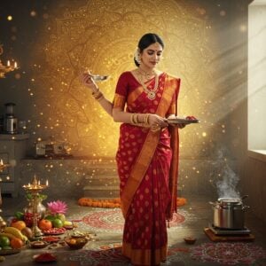 An elegant Indian woman in a rich crimson and gold silk saree stands gracefully in a modern-traditional fusion kitchen-temple space. She's adorned with traditional gold jewelry including mangalsutra and bangles. Her hands perform multiple tasks simultaneously - one holding a silver puja thali with lit diya, another sprinkling rice grains, and another stirring a modern cooking pot. Behind her, a large ornate golden mandala glows softly, merging into contemporary minimalist home architecture. The space features both modern appliances and traditional brass vessels. Fresh lotus flowers, fruits, and traditional rangoli patterns with geometric designs decorate the foreground. Soft morning light streams through window, creating a divine aura around her. The art style combines Madhubani's intricate patterns in the background details with modern digital aesthetics, using a color palette of deep maroon, burnished gold, saffron, and peaceful turquoise. Small floating particles of light and subtle golden sparkles enhance the divine atmosphere. The woman's expression radiates serenity, confidence, and nurturing energy.