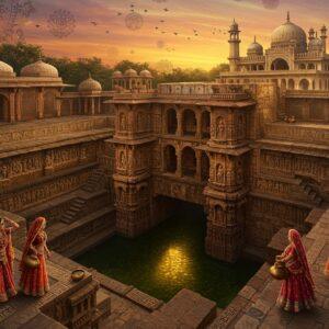 A majestic aerial view of Rani ki Vav stepwell merging into Champaner-Pavagadh Archaeological Park, rendered in rich Madhubani-inspired style. The stepwell features intricate geometric patterns in deep saffron and peacock blue, with water reflecting golden light. Hindu sculptures and carved panels line the walls, showing detailed stories from ancient texts. In the foreground, traditionally dressed Indian women in vibrant gujarati chaniya cholis carry brass water pots. The scene transitions into the Champaner mosque's distinctive Indo-Islamic architecture with its ornate minarets and domes against a sunset sky. Floating lotus flowers and mandalas frame the composition. The lighting is ethereal with soft glowing highlights on the architectural details. The art style combines hyperrealistic architectural accuracy with surreal elements, creating a dreamlike quality. Fine details include ancient Sanskrit inscriptions, geometric Islamic patterns, and traditional Gujarat motifs. The color palette features deep maroons, royal blues, and burnished golds, with hints of subtle pastels in the sky.