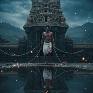 A haunting ethereal scene featuring a young Indian man in tattered white clothes standing at the entrance of an ancient temple, his silhouette cast against a misty backdrop of Tirupparankundram hills. His eyes reflect both innocence and intensity, with one half of his face illuminated by moonlight and the other in shadow. In the foreground, a delicate white jasmine garland intertwines with broken chains, symbolizing both love and bondage. The temple architecture features intricate Dravidian stone carvings with a soft golden glow. The scene is enhanced by ethereal floating lights reminiscent of fireflies, creating a dreamlike atmosphere. The color palette focuses on deep blues, golden yellows, and silvery whites. The art style merges hyperrealistic digital painting with traditional Indian temple art patterns in the details. A partial reflection of goddess Abhirami appears in a puddle of water, rendered in a surreal, ethereal style with a soft pink aura. The overall composition should convey both divinity and psychological complexity, with a hint of magical realism.