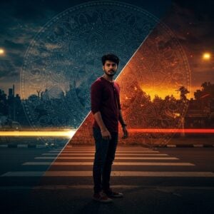 An intense dramatic scene featuring a young Indian man in modern casual wear standing at a crossroads at dusk, his face half-illuminated by warm golden street lights. Behind him, a large artistic mandala pattern in deep blues and golds splits the image diagonally, with one side showing peaceful urban life and the other depicting chaos with stylized flames and abstract patterns. The composition includes intricate Pattachitra-style border details in crimson and gold. Multiple translucent reflections of the protagonist in different emotional states float around him, rendered in a modern digital art style with Madhubani-inspired patterns. The lighting creates a cinematic noir atmosphere with deep shadows and golden highlights. The scene incorporates subtle Telugu architectural elements in the background. The overall color palette features deep maroons, midnight blues, burnished golds, and sharp contrasts, blending contemporary thriller aesthetics with traditional Indian art motifs.