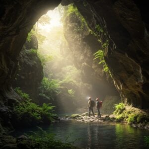 A mystical narrow cave entrance framed by ancient weathered rocks, with soft golden sunlight filtering through natural crevices. Two modern Indian hikers, equipped with safety gear and headlamps, carefully exploring the dramatic rock formations. The cave walls show intricate natural patterns in deep earth tones, with subtle Madhubani-style patterns naturally formed in the rock face. Crystal-clear water pools reflect ethereal blue light from above. The scene is surrounded by lush green Kodaikanal vegetation, with mist swirling at the cave mouth. The lighting is dramatically atmospheric, with shafts of sunlight creating golden beams through the cave mist. A few delicate ferns grow from the rock crevices, their leaves catching the light. The overall composition has a surreal, ethereal quality with a rich color palette of deep browns, mossy greens, and golden highlights, merged with modern digital art techniques. Small waterfalls trickle down the cave walls, creating a peaceful ambiance. The scene captures both the adventure and the natural beauty while subtly highlighting safety with proper equipment visible on the hikers.