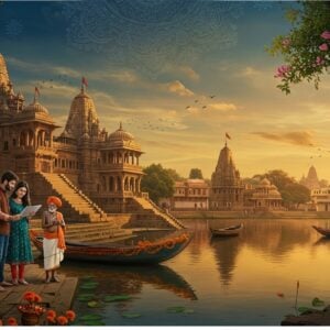 Ancient stone temples with intricate Madhya Pradesh-style carvings merge seamlessly with modern buildings in a panoramic cityscape of Guna, captured during golden hour. In the foreground, a serene lake reflects the sky's warm orange and pink hues. Traditional boats adorned with marigold flowers float on the water. On the shore, a young Indian couple in contemporary clothing (man in smart casual wear, woman in modern fusion wear) consult a digital map on a tablet, while an elderly local in traditional dhoti and kurta points towards the historic landmarks. The scene features symbolic elements of Guna - lush wheat fields in the distance, peacocks perched on temple spires, and blooming kadamb trees. The artwork combines traditional Madhubani patterns in the sky with modern digital art techniques, using a rich color palette of deep blues, warm golds, and earthy browns. Atmospheric lighting creates a dreamy, welcoming ambiance with subtle lens flares and soft-focus effects on the distant cityscape.