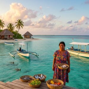 A serene panoramic view of pristine San Blas islands from an elevated perspective, featuring crystal-clear turquoise waters meeting white sandy beaches. In the foreground, a traditional Guna woman in a vibrant mola dress with intricate geometric patterns and gold nose ring stands confidently on a wooden dock, her colorful fabric contrasting against the ocean backdrop. She's arranging fresh-caught fish and tropical fruits in traditional woven baskets. Behind her, traditional thatched-roof huts dot the shoreline, while palm trees sway in the breeze. Small wooden cayucos (traditional boats) with colorful designs float on the gentle waves. The scene is bathed in warm, golden-hour sunlight, creating a dreamy atmosphere with lens flares. Scattered clouds painted in soft pastel pinks and oranges reflect in the water. Marine life like sea turtles and colorful fish are visible in the crystal-clear shallows. The composition combines photorealistic detail with subtle artistic elements, styled as high-end travel photography with cinematic color grading. Soft vignetting draws attention to the central scene, while maintaining sharp detail throughout.