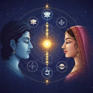 A serene cosmic scene showing two Indian faces, male and female in profile, facing each other with a subtle golden glow between them. Eight concentric circles float between them, each circle representing different Gunas, rendered in traditional Madhubani style with intricate patterns. The circles contain symbolic elements: lotus (spiritual compatibility), two hearts (mental harmony), peacock feathers (temperament), celestial bodies (destiny). The background features a modern geometric mandala pattern in deep indigo and gold, with floating sacred geometry patterns. Soft light particles and ethereal wisps create an otherworldly atmosphere. The couple wears contemporary Indian attire with subtle traditional elements. The color palette includes deep royal blue, burnished gold, soft rose pink, and pearl white. The scene is framed by delicate henna-style patterns and small dotted kolam designs. The overall composition suggests both traditional wisdom and modern sophistication, with a dreamy, spiritual quality enhanced by lens flares and subtle light effects.