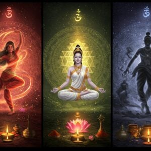 A mystical triptych composition showing three ethereal Indian figures representing the Gunas, each in distinct poses and colors - A serene woman in pristine white silk meditating in lotus position with a golden aura (Sattva), centered above; To her left, a dynamic figure in vibrant red performing an energetic dance with swirling motion trails (Rajas); To her right, a shadowy figure in deep grey/black in a lethargic pose surrounded by dark smoke (Tamas). Behind them, a large intricate Sri Yantra mandala glows with divine light, with the three sections color-coded to match each Guna. Floating sacred lotus flowers, Om symbols, and Ayurvedic herbs surround the scene. The art style combines traditional Madhubani patterns in the borders with modern digital art techniques, rendered in a dreamy, ethereal style with soft gradient lighting. The background features subtle sacred geometry patterns and floating golden particles. The overall composition forms a perfect triangle, symbolizing balance and harmony.