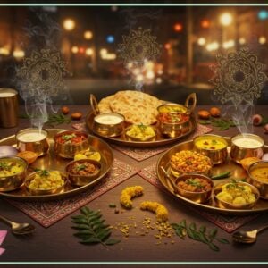 A bustling Indian street food scene set in a modern, stylized setting featuring three traditional brass thalis arranged in a triangular composition, each filled with authentic Malwa region dishes like Dal Bafla, Bhutta Ri Kees, and Chakki ki Shaak. The thalis rest on intricately designed Madhubani-style placemats with peacock motifs. Floating above are ethereal, golden steam wisps forming delicate mandala patterns. The background shows a modern interpretation of Guna's architecture with soft, glowing street lights. Rich, warm colors dominate - deep maroons, turmeric yellows, and burnished golds. Small details include gleaming steel glasses of lassi, scattered curry leaves, and contemporary steel utensils. The lighting creates a dreamy, inviting atmosphere with soft spotlights on the food. The scene is framed by stylized lotus flowers in pastel pink and mint green, with subtle digital glitch effects adding a futuristic touch. Hyper-realistic food photography style merged with traditional Indian art elements.