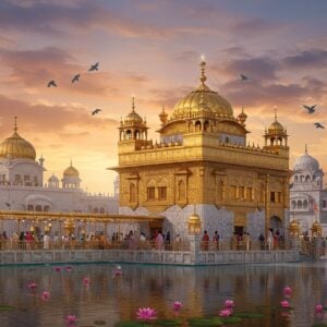 A majestic Gurdwara complex in traditional Sikh architecture with golden domes gleaming in sunset light, featuring intricate Punjab-style details and ornate marble work. The main entrance showcases a grand archway adorned with detailed floral patterns in gold and azure. In the foreground, a serene sarovar (holy pool) reflects the structure, with floating lotus flowers and gentle ripples. Pilgrims in traditional attire circumambulating the holy site, some carrying the Guru Granth Sahib with reverence. The scene is enhanced by peaceful doves flying around the domes, creating a spiritual atmosphere. The background shows a gradient sky in soft oranges and purples, with subtle rays of divine light breaking through clouds. Artistic style combines photorealistic architecture with ethereal lighting and mystical elements, incorporating detailed Gurmukhi patterns and motifs. The composition includes beautifully maintained gardens with medicinal herbs, reflecting Guru Har Rai's love for nature and healing. cinematic lighting, highly detailed, 8k resolution, hyperrealistic.