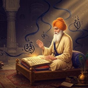 A serene, elderly Sikh guru with flowing white beard, wearing a saffron turban and traditional cream-colored chola, seated cross-legged on an intricately carved wooden platform against a mystical backdrop. His hands hover over an illuminated golden parchment, radiating divine light. Around him, ethereal, stylized ink patterns in deep indigo flow like rivers, forming subtle Gurmukhi letter shapes in the air. The scene is set in a ancient scriptorium with ornate marble pillars adorned with Punjabi architectural motifs. Floating bronze oil lamps cast a warm, golden glow. Delicate peacock feather quills and copper ink pots arranged artistically beside him. The atmosphere is enhanced by swirling patterns of celestial light in shades of saffron and gold. Rays of morning sunlight filter through ornate jharokha windows, creating a divine ambiance. Art style should blend traditional Indian miniature painting techniques with modern digital art, emphasizing rich textures and luminous effects. The overall composition suggests wisdom, spirituality, and timeless tradition.