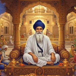 A serene elderly Sikh man with a long white beard, wearing a pristine white chola and distinctive blue turban, seated on an ornate wooden platform (manji). His face radiates divine wisdom with gentle eyes and peaceful expression. He's surrounded by devotees of diverse backgrounds, including women and people from different castes, symbolizing equality. The scene features the historic Baoli at Goindwal Sahib with its 84 steps, rendered in intricate Phad art style with modern digital aesthetics. Golden light streams through ornate arches, creating a ethereal atmosphere. In the background, a detailed depiction of langar being served to people seated in pangat. Soft mandala patterns in peacock blue and saffron float in the air. The composition includes traditional motifs like lotus flowers and geometric patterns merged with surreal, glowing elements. The overall color palette combines deep maroons, saffron, and gold with subtle pastel undertones. Ultra-detailed, spiritually uplifting, photorealistic rendering with Indian architectural elements.