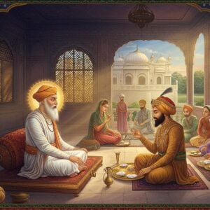 A regal scene depicting the historic meeting between Guru Amar Das Ji (elderly sage with long white beard, wearing simple white robes) and Emperor Akbar (adorned in royal Mughal attire with emerald and gold embellishments) at Goindwal. Guru Ji is seated on a wooden platform in the langar hall, while Akbar sits humbly on the floor, sharing a simple meal from brass thalis. The background features intricate Madhubani-style patterns with peacock blue and gold motifs, merged with Mughal architectural elements. Soft, ethereal light streams through ornate jharokha windows, creating a divine atmosphere. The scene includes common people of different faiths eating together in the langar, symbolizing equality. The color palette combines deep maroons, royal blues, and warm golds with subtle pastel highlights. The art style merges traditional Indian miniature painting techniques with modern digital aesthetics, featuring detailed patterns and spiritual symbols. The composition emphasizes the humility of the emperor and the spiritual authority of the Guru, with a golden mandala halo effect behind Guru Ji's head.