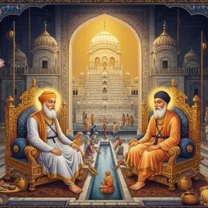 A serene spiritual scene depicting two Sikh Gurus sitting side by side on ornate golden thrones - Guru Amar Das Ji (elderly with long white beard) and Guru Ram Das Ji (younger with dark beard) in traditional white cholas with saffron shawls. Behind them rises an intricately carved marble architecture of Baoli Sahib with its 84 steps, rendered in Rajasthani miniature painting style merged with modern digital art. Golden light streams through, creating halos around both Gurus. In the foreground, devotees are seen serving langar while others draw water from the baoli. The scene is framed by ornate patterns featuring Gurmukhi motifs and geometric designs in deep blues and golds. Floating lotus flowers and subtle mandalas add ethereal elements. The lighting is warm and divine, with soft glowing orbs. The art style combines traditional Indian miniature techniques with contemporary digital aesthetics, emphasizing the historical significance while maintaining modern appeal. The overall mood is one of divine succession, wisdom, and service to humanity.