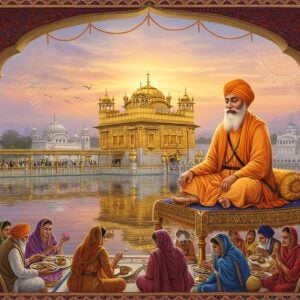 A dignified elderly Sikh man with a long white beard, wearing a saffron turban and traditional white chola, sitting on an elevated platform representing the Manji system. He's surrounded by a golden architectural marvel of Baoli Sahib with 84 steps descending into pristine waters. The scene is illuminated by warm, divine light streaming through ornate archways. In the foreground, devotees of diverse backgrounds, including women, are being served langar, symbolizing equality. Intricate Madhubani-style patterns in deep maroon and peacock blue adorn the periphery. Floating lotus flowers and geometric mandala patterns in gold and saffron create a ethereal atmosphere. The background features a mystical sunrise with soft pastel hues of pink and blue, with subtle representations of social reforms like women's empowerment through delicate motifs. The art style combines hyperrealistic digital rendering with traditional Indian art elements, creating a serene yet powerful composition. Perspective should be slightly elevated to showcase the architectural grandeur while maintaining focus on Guru Ji's compassionate expression.