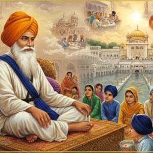 A serene elderly Sikh figure with a long white beard, wearing a rich saffron turban and traditional white chola, seated on an ornate wooden platform known as the Manji Sahib. His face radiates wisdom and compassion with gentle eyes and a warm smile. He is surrounded by children of various ages in colorful traditional Punjabi attire, listening intently. In the background, a detailed architectural marvel of Baoli Sahib at Goindwal with its 84 steps descends into stylized water, rendered in intricate Phad art style. Golden rays of dawn light filter through, creating a divine atmosphere. Floating motifs of langar scenes and people from all walks of life sharing a meal appear as ethereal vignettes in soft pastel clouds. The scene includes delicate patterns of khanda symbols and geometric designs in peacock blue and gold. The overall composition balances traditional Sikh imagery with modern digital art techniques, creating a dreamy, educational atmosphere with rich, warm colors and soft glowing edges.