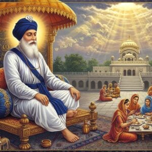 A dignified elderly Sikh man with a long white beard, wearing a pristine white chola and royal blue turban, seated on an ornate wooden platform (manji), symbolizing Guru Amar Das Ji. He's surrounded by a mesmerizing golden aura, with intricate Gurmukhi patterns floating ethereally in the background. The scene shows devotees of all castes eating together in the langar, emphasizing equality. A grand baoli (stepwell) with 84 steps detailed in traditional Punjabi architecture stretches into the distance. Rays of divine light illuminate the scene through clouds, creating a mystical atmosphere. The composition includes subtle symbols of his contributions: the Anand Karaj ceremony represented by a ceremonial canopy, and women in traditional Punjabi attire teaching scriptures, depicting women's empowerment. The color palette combines deep royal blues, saffron, and gold with soft, glowing whites. The art style merges photorealistic details with ethereal Indian miniature painting techniques, creating a contemporary spiritual aesthetic.