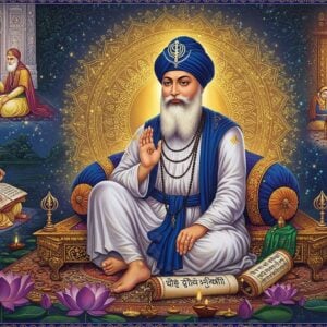 A serene portrait of Guru Angad Dev Ji in a luminous setting, depicted with a long white beard, wearing a traditional white chola and a tall deep blue turban adorned with a golden kalgi. He sits cross-legged on an intricately carved wooden platform, surrounded by scrolls of Gurmukhi script that he developed. Golden divine light emanates from behind him, forming a mandala pattern. In the background, scenes from his life unfold in Madhubani-style art: his meeting with Guru Nanak Dev Ji on the left, teaching children in the first Sikh school on the right. The foreground shows blooming lotus flowers in deep purples and blues, with floating diyas creating a peaceful ambiance. The scene is rendered in a blend of traditional Indian miniature painting style with modern digital art techniques, featuring rich colors of royal blue, saffron, and gold. Ethereal particles of light scatter throughout the composition, creating a mystical atmosphere. The art style maintains photorealistic features while incorporating spiritual symbolism through intricate patterns and motifs.