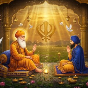 A serene and powerful scene depicting Guru Nanak Dev Ji and Guru Angad Dev Ji in a divine meeting, set in a golden-hour landscape. Guru Nanak Dev Ji, wearing a saffron turban and white flowing robes, sits on an elevated platform with intricate Gurmukhi patterns, radiating a gentle spiritual aura. Guru Angad Dev Ji, in deep blue robes and a matching turban, sits before him in humble devotion. Between them floats the sacred Guru Granth Sahib, emanating ethereal light. The background features a magnificent golden Khanda symbol, softly glowing with divine energy. Traditional Sikh motifs and patterns in gold and deep blue interweave throughout the scene. Lotus flowers and peaceful doves float in the air. The lighting is warm and mystical, with rays of divine light streaming down. The art style combines traditional Indian miniature painting techniques with modern digital art, featuring rich textures and intricate details. Soft particles of light dance around the scene, creating a mystical atmosphere. Photorealistic details in the faces capture their divine expressions and spiritual connection.