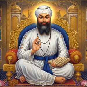 A serene portrait of Guru Angad Dev Ji seated cross-legged on an ornate golden throne, wearing a pristine white chola with detailed Gurmukhi script embroidery, and a tall white turban adorned with a decorative kalgi. His face radiates divine wisdom with a gentle smile and flowing white beard. In his hands, he holds ancient manuscripts featuring the Gurmukhi script he standardized. The background shows a magnificent Golden Temple-inspired architecture with intricate Punjab-style patterns. Surrounding him are ethereal scenes floating in mandala-shaped portals: children learning at his feet in a traditional school, people sharing langar, and devotees transcribing scriptures. The composition is illuminated by warm, golden light streaming through geometric patterns, creating a mystical atmosphere. Subtle lotus flowers and peacock motifs adorn the corners. The art style combines traditional Sikh miniature painting techniques with modern digital art aesthetics, featuring rich colors of deep blues, saffron, and burnished gold. A soft ethereal glow emanates from the entire scene, suggesting divine presence and spiritual enlightenment.