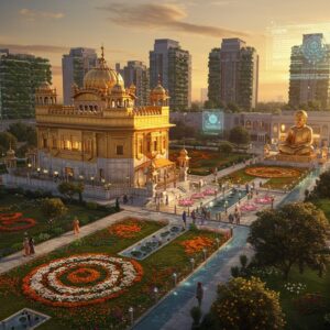 A majestic aerial view of a modern urban landscape where traditional Sikh architecture seamlessly blends with futuristic elements. In the foreground, a grand golden Gurudwara with classic Punjabi architectural elements stands prominently, its domes gleaming in sunset light. The building is surrounded by beautifully maintained gardens with blooming orange and white marigolds arranged in intricate Punjabi patterns. Modern glass and steel buildings with vertical gardens rise in the background, their surfaces reflecting the warm golden hour light. Holographic displays showing ancient Sikh scriptures float subtly in the air. Small groups of people in both traditional Punjabi attire and modern clothing walk along tree-lined pathways. A large statue of Guru Angad Dev Ji, made of polished bronze, sits in meditation pose in a central plaza, surrounded by flowing water channels with lotus flowers. The scene is captured in rich, deep colors of saffron, royal blue, and gold, with soft ambient lighting creating a spiritual atmosphere. The art style combines traditional Sikh artistic elements with contemporary digital art techniques, creating a harmonious blend of past and future.