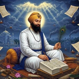 A divine scene depicting Guru Arjan Dev Ji seated on a low wooden platform, wearing a pristine white chola and a tall dark turban with a kalgi, surrounded by ancient manuscripts and scrolls. The Guru's face radiates serene wisdom with a neatly kept beard and gentle eyes. His right hand holds a peacock feather quill while his left hand rests on the Adi Granth. The sacred text glows with a subtle golden aura. Around him, sheets of manuscripts float ethereally, their edges illuminated with intricate Gurmukhi calligraphy in gold. The background shows the Harmandir Sahib in its early form, rendered in soft peacock blues and gold. Floating diyas and lotus flowers create a mystical atmosphere. A subtle overlay of flames and smoke in the distance symbolizes his martyrdom, while rays of divine light pierce through clouds above. The scene combines traditional Sikh artistic elements with modern digital art techniques, featuring a color palette of deep blues, whites, and burnished gold. The lighting is dramatic yet spiritual, with soft glowing halos and ethereal mist. Hyperrealistic details in the fabric textures, manuscripts, and architectural elements. Art style merges classical Indian miniature painting techniques with contemporary digital aesthetics.