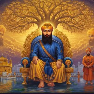 A majestic portrait of Guru Arjan Dev Ji seated on an ornate golden throne, wearing a deep blue chola with intricate golden embroidery and a tall white turban adorned with a kalgi. His face radiates divine peace and wisdom, with a flowing black beard. Behind him, a ethereal family tree emerges in the form of a giant golden banyan tree, its branches forming intricate Madhubani-style patterns. The tree's leaves are made of translucent, glowing manuscripts of the Adi Granth. On either side, subtle silhouettes of his father Guru Ram Das Ji and son Guru Hargobind Ji appear in soft saffron hues. In the foreground, the Harmandir Sahib (Golden Temple) reflects in still waters, creating perfect symmetry. The scene is illuminated by warm, divine light streaming through stylized clouds, creating a surreal atmosphere. Traditional Sikh motifs like the Khanda and Ik Onkar float ethereally in the background, rendered in shimmering gold. The color palette consists of deep blues, royal purples, saffron, and gold, with hints of peacock blue in the details. The art style merges traditional Sikh miniature painting techniques with modern digital art aesthetics, creating a dreamlike, spiritual atmosphere.