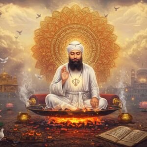 A serene yet powerful composition depicting Guru Arjan Dev Ji seated on a hot plate, radiating divine golden light, wearing pristine white robes and a white turban with a sacred kalgi. His face shows remarkable peace and calm despite the ordeal. Hot coals glow beneath the plate, with ethereal steam rising in artistic swirls. Behind him, a large intricate mandala in shades of deep saffron and gold forms a halo. The scene is framed by stylized flames that transform into delicate Gurmukhi calligraphy patterns. In the background, the Harmandir Sahib (Golden Temple) appears as a ghostly, luminous silhouette. Floating lotus flowers in white and gold surround the scene, while rays of divine light pierce through clouds above. The art style combines photorealistic details with spiritual surrealism, featuring a color palette of deep maroons, burnished golds, pure whites, and ethereal blues. Small particles of light float around the composition like fireflies, creating a mystical atmosphere. Subtle details include the Adi Granth manuscript nearby and peaceful doves in flight. Highly detailed, cinematic lighting, atmospheric, digital art with Indian traditional art influences.