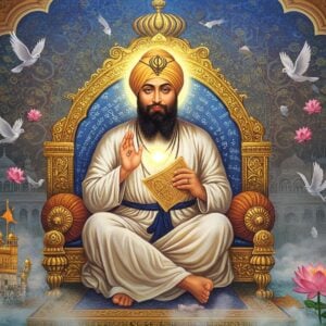 A serene portrait of Guru Arjan Dev Ji seated on an ornate golden throne, wearing traditional white robes with a majestic turban adorned with a kalgi, radiating divine light. His face shows profound wisdom and compassion. In his hands, he holds the Adi Granth, emanating golden rays. The background features a massive intricate mandala in peacock blue and gold, with Gurmukhi scripture seamlessly woven into its patterns. Floating around him are symbolic elements: the Harmandir Sahib in ethereal gold, peaceful doves, and lotus flowers in soft pastel hues. The scene is layered with translucent veils of light in saffron and azure. The artistic style merges traditional Sikh miniature painting techniques with modern digital art, featuring detailed ornamentation and a luminous glow. The atmosphere captures both the Guru's spiritual authority and his message of universal brotherhood, with subtle elements showing interfaith harmony. Soft mist surrounds the base, creating a dreamlike quality while maintaining historical accuracy in depicting the Guru's appearance and attire.