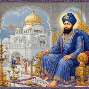 A serene portrait of young Guru Har Krishan Ji seated on an ornate golden throne, wearing a majestic royal blue chola with intricate golden embroidery, and a tall white turban adorned with a kalgi. His face radiates divine wisdom and compassion despite his young age. In his hands, he holds the Guru Granth Sahib. Behind him, a large, ethereal Khanda symbol glows in soft golden light. The background features a magnificent white marble Gurudwara architecture with detailed jharokhas and domes, surrounded by blooming orange and white marigolds. Devotees in traditional Punjabi attire are seen paying respects in the foreground. The scene is illuminated by multiple brass diyas creating a warm, spiritual ambiance. Soft rays of morning sunlight filter through ornate windows, creating a mystical atmosphere. The art style combines traditional Sikh miniature painting techniques with modern digital aesthetics, using a color palette of royal blues, whites, and golds. Intricate Persian-inspired patterns and motifs adorn the borders of the scene.
