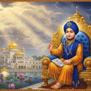 A young, radiant Guru Har Krishan, aged 5, seated on an ornate golden throne, wearing a majestic blue chola and kesari turban adorned with a kalgi. His innocent face glows with divine wisdom, surrounded by a soft golden aura. He holds a sacred text in his small hands. The backdrop features the historical Kiratpur Sahib with its pristine architecture in ethereal morning light. Intricate Gurmukhi patterns float in the air like celestial whispers. The foreground shows blooming lotus flowers in a serene pond, symbolizing spiritual awakening. Rays of divine light stream through clouds, creating a mystical atmosphere. The scene incorporates traditional Sikh motifs with digital art techniques, using a color palette of deep blues, rich golds, and warm saffron. Detailed architectural elements of the Gurudwara blend with ethereal elements like floating light particles and subtle mandala patterns. The composition emphasizes both the child Guru's innocence and his spiritual gravity. Hyperrealistic digital art style with ethereal lighting and soft focus effects.
