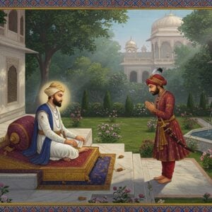 A majestic scene depicting Guru Har Rai and Prince Dara Shikoh meeting in an ornate Mughal garden, circa 1653. Guru Har Rai is seated on a raised platform, wearing a white chola with a royal blue waistband, adorned with a tall white turban featuring a kalgi. He radiates divine aura with soft golden highlights. Dara Shikoh, dressed in rich Mughal attire of deep maroon and gold, with a distinctive turban featuring precious gems, bows slightly in respect. The garden features intricate Mughal-style fountains, blooming Persian roses, and marble pathways. The background shows a grand Mughal architecture with detailed jharokhas and latticed windows. Ethereal light streams through the trees, creating a mystical atmosphere. Traditional Madhubani-style border patterns frame the scene, incorporating both Islamic geometric patterns and Hindu spiritual motifs. The color palette includes deep royal blues, rich maroons, gleaming gold, and pristine whites. The scene is rendered in a blend of hyperrealistic digital art with traditional Indian miniature painting style, emphasizing the historical and spiritual significance of the meeting.