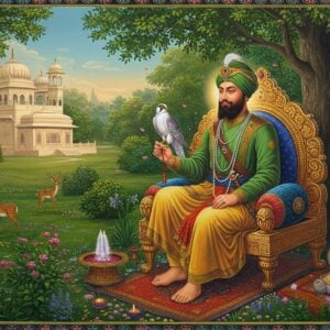 A serene portrait of Guru Har Rai seated on a ornate golden throne in a lush medicinal garden, wearing a rich emerald green chola and a majestic turban adorned with a kalgi. He is surrounded by healing herbs and rare medicinal plants in vibrant colors. A white falcon perches gracefully on his right hand while his left hand extends in a blessing gesture. The background features a grand traditional Indian palace with intricate Mughal architecture merging into a mystical forest. Soft golden light filters through the trees, creating a divine aura. In the foreground, deer and other wildlife roam peacefully, symbolizing his love for nature and animals. The scene incorporates traditional Madhubani patterns in the borders and delicate mandala motifs floating in the air. The color palette focuses on deep greens, royal blues, and rich golds. The art style combines hyperrealistic digital rendering with traditional Indian miniature painting techniques. The overall composition emphasizes both his spiritual authority and his compassionate nature, with ethereal light effects and floating flower petals adding a mystical dimension.