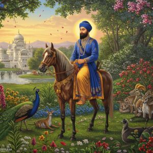 A serene portrait of Guru Har Rai Ji riding his beloved horse Dil Bagh through a lush medicinal garden, wearing a royal blue chola with intricate gold embroidery and a majestic white turban adorned with a kalgi. The Guru's face radiates divine compassion, surrounded by a subtle golden aura. In the foreground, various healing herbs and flowers bloom in vibrant colors - particularly the ones he was known to nurture. Peacocks gracefully roam among the plants, while injured animals seek shelter under flowering trees. The background features a historical representation of Kiratpur Sahib bathed in warm, golden morning light. The scene incorporates traditional Sikh artistic elements with modern digital art techniques, using a rich color palette of deep greens, royal blues, and touches of gold. Multiple layers of soft light create a mystical atmosphere, with delicate flower petals floating in the gentle breeze. The art style combines photorealistic details with ethereal, spiritual elements, creating a harmonious blend of historical accuracy and artistic beauty.